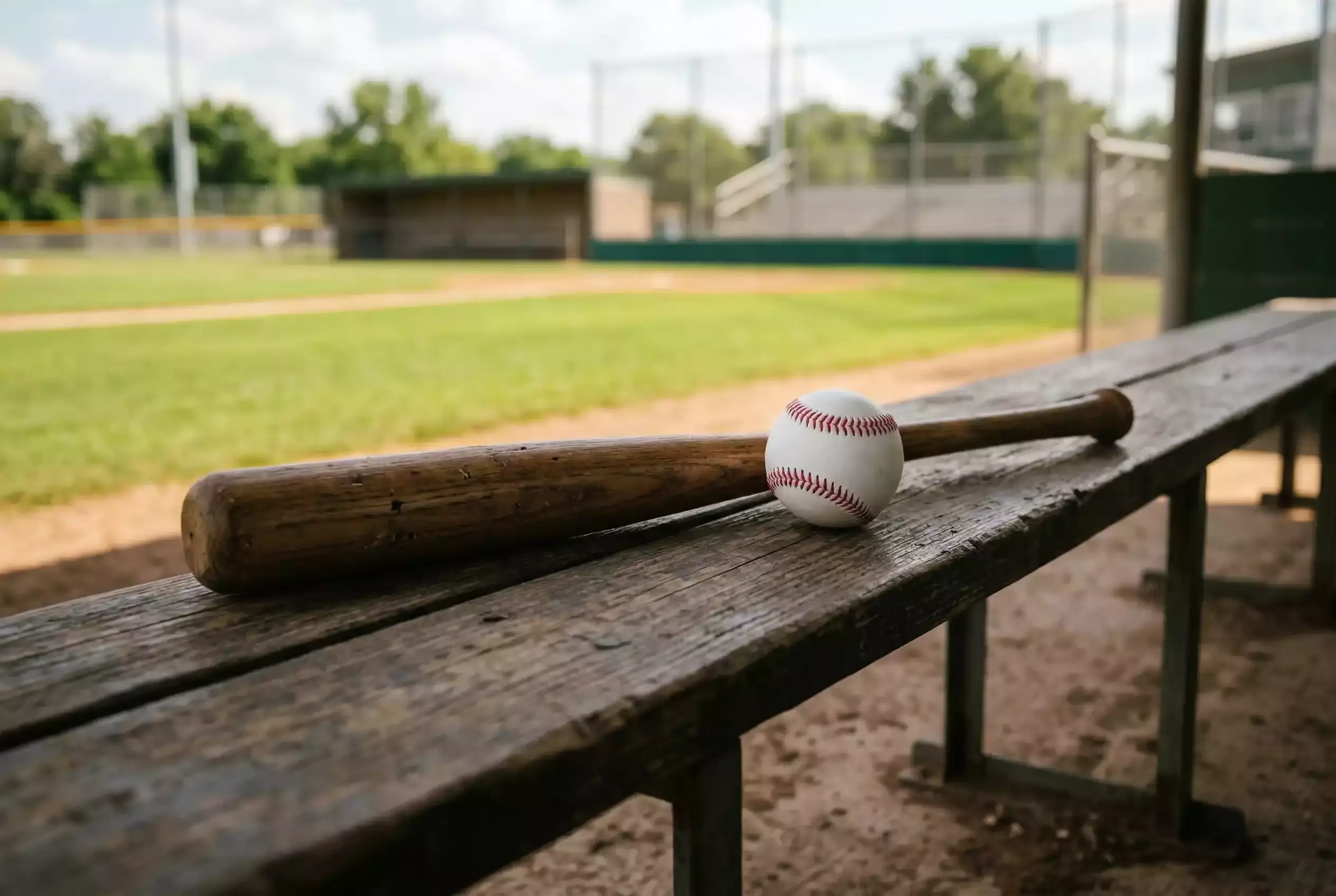 Baseballschlaeger und -ball auf einer Holzbank neben einem Spielfeld für Einsteiger